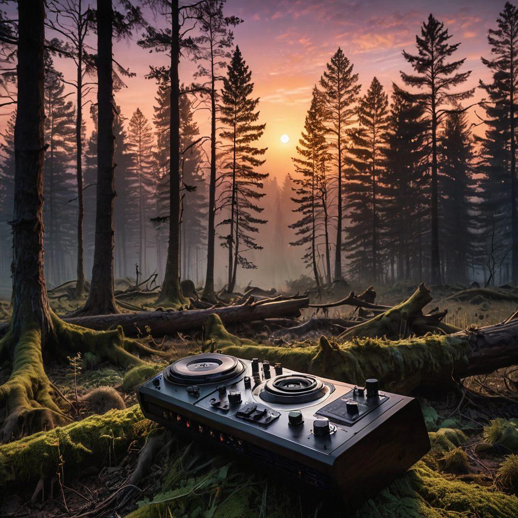 A hauntingly beautiful landscape of a serene forest at dusk, where sound waves visually ripple through the air, intertwining with glowing musical notes. A vintage hi-fidelity sound system rests on a mossy log, casting a warm light, symbolizing emotional storytelling through music. Ethereal, soft colors blend into the twilight sky, while faint silhouettes of people are seen in a group, reminiscing. surrealistic. vibrant colors. mystical atmosphere.
