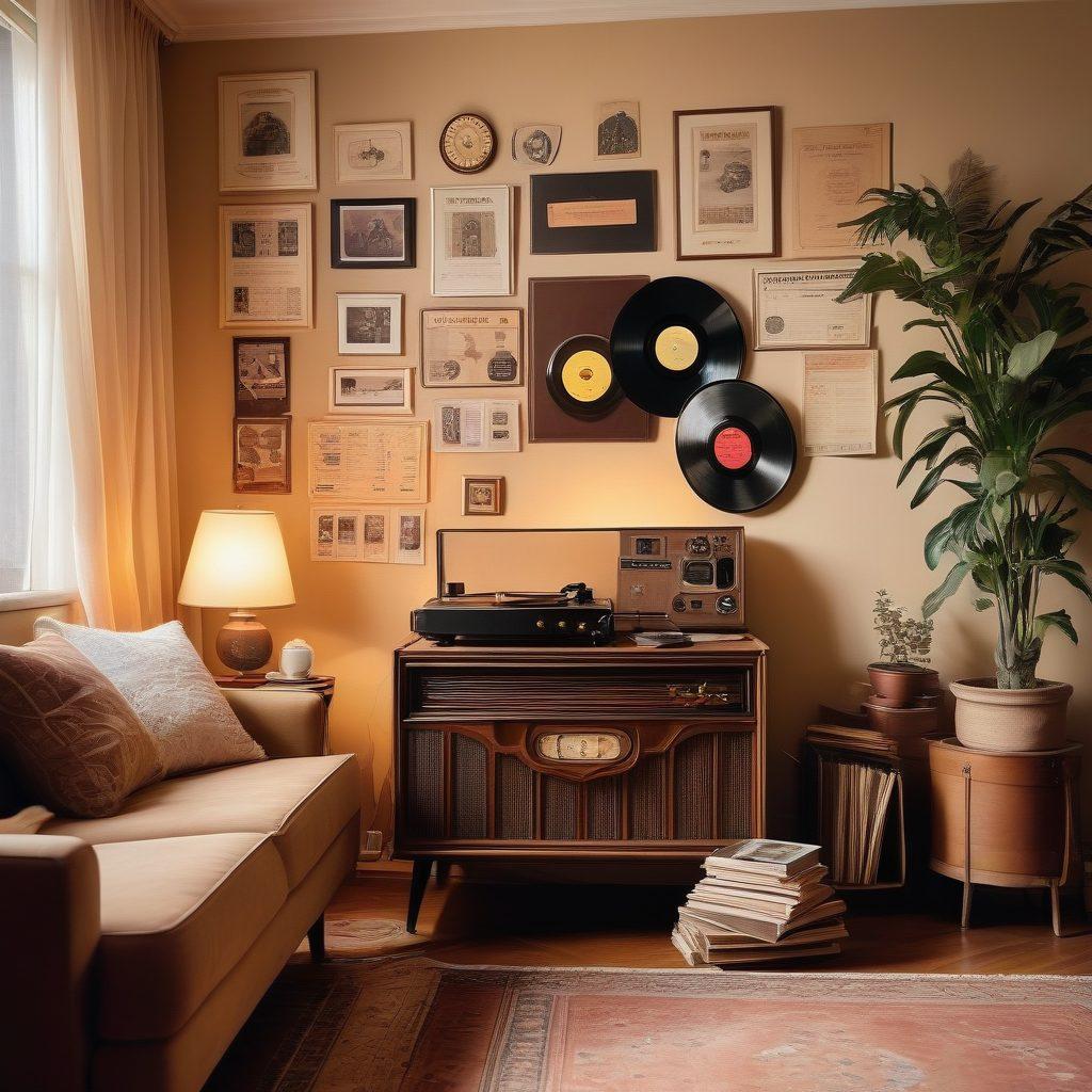 A vintage stereophonic music system surrounded by nostalgic items, like a vinyl record player, old photographs, and faded concert tickets, set in a cozy room lit by soft, warm lighting. In the background, musical notes and soft colors flow through the air, symbolizing nostalgia. The atmosphere should evoke a sense of longing and reminiscence. retro style. warm colors. soft focus.