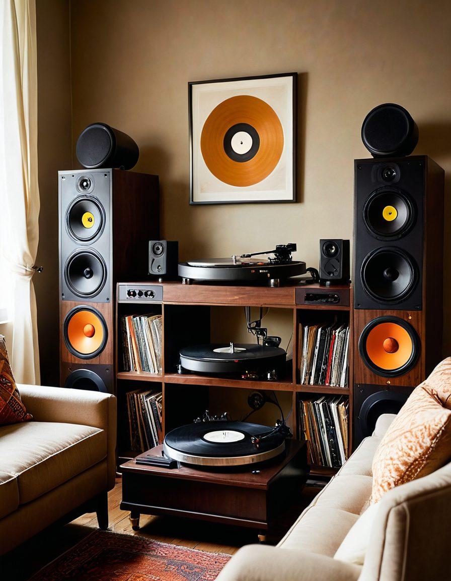A beautifully arranged home audio setup featuring vintage turntables, elegant speakers, and soft ambient lighting that reflects a melancholic mood. Include vinyl records scattered artfully, a cozy seating area with plush cushions, and warm hues illuminating the space. The atmosphere should evoke a sense of nostalgia and tranquility. super-realistic. vibrant colors. soft focus.